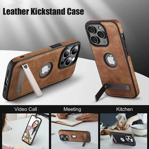 Prime Leather - Premium PU Leather iPhone Case with Built-In Kickstand