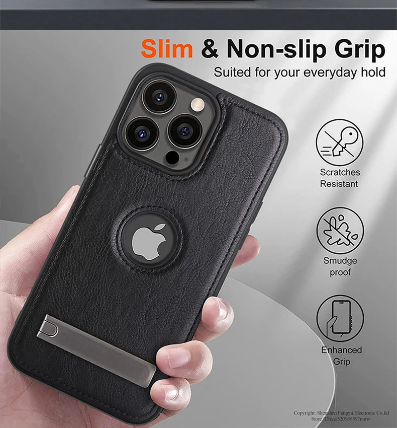 Prime Leather - Premium PU Leather iPhone Case with Built-In Kickstand