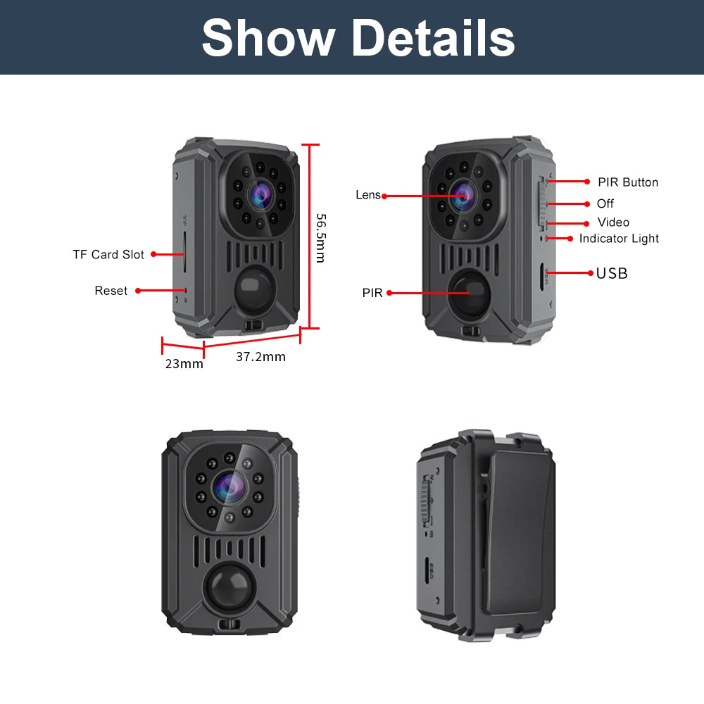 PrimeCam - Mini 1080P Full-HD and 2K WiFi Body Camera with PIR Motion Sensor & Back Clip