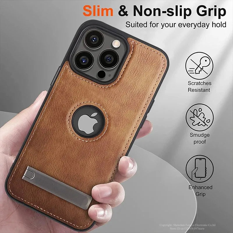 Prime Leather - Premium PU Leather iPhone Case with Built-In Kickstand