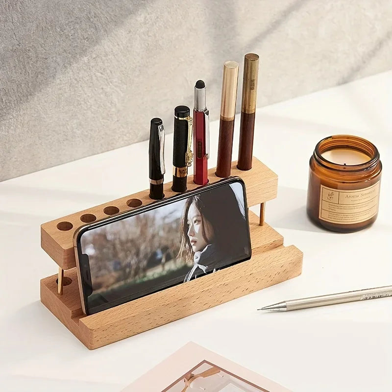 PrimeWood Slim - Minimalist Solid Wood Pen Holder & Smartphone Dock