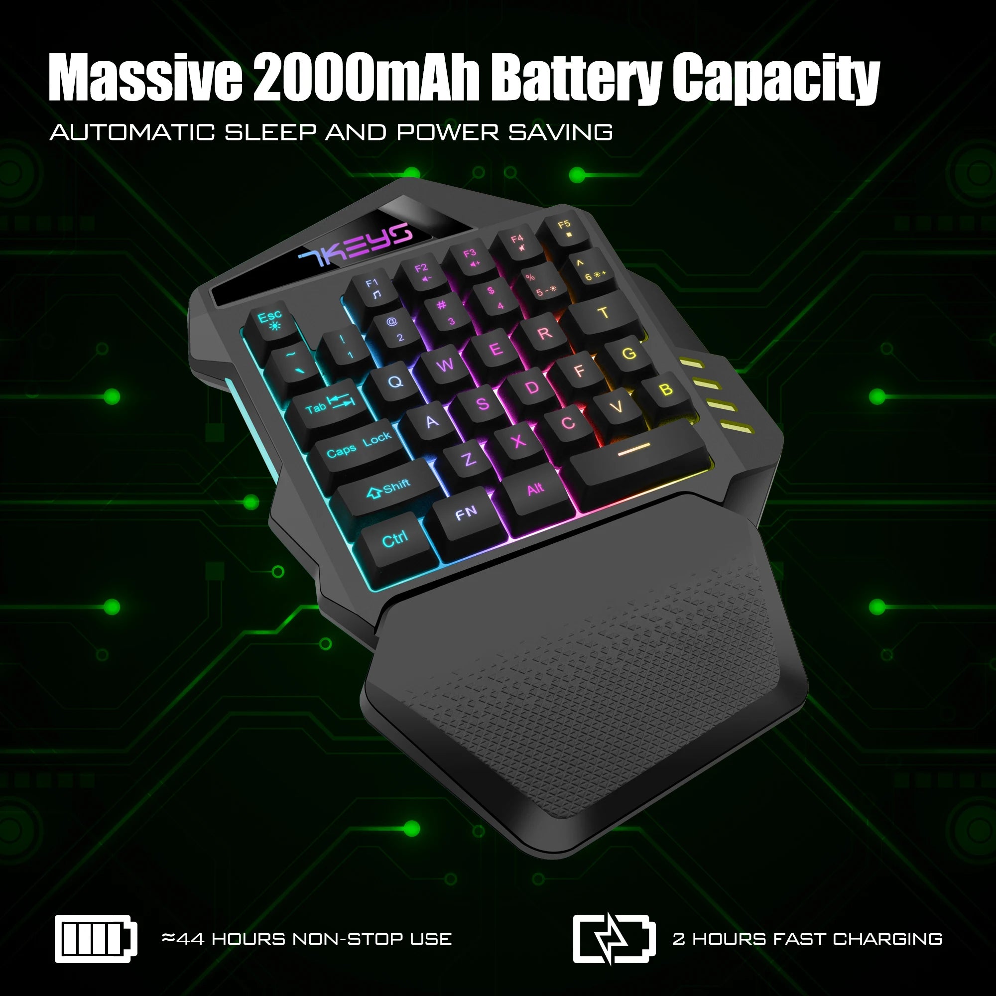 PrimeKey One - Wireless One-Handed RGB Gaming Keyboard with Ergonomic Wrist Rest