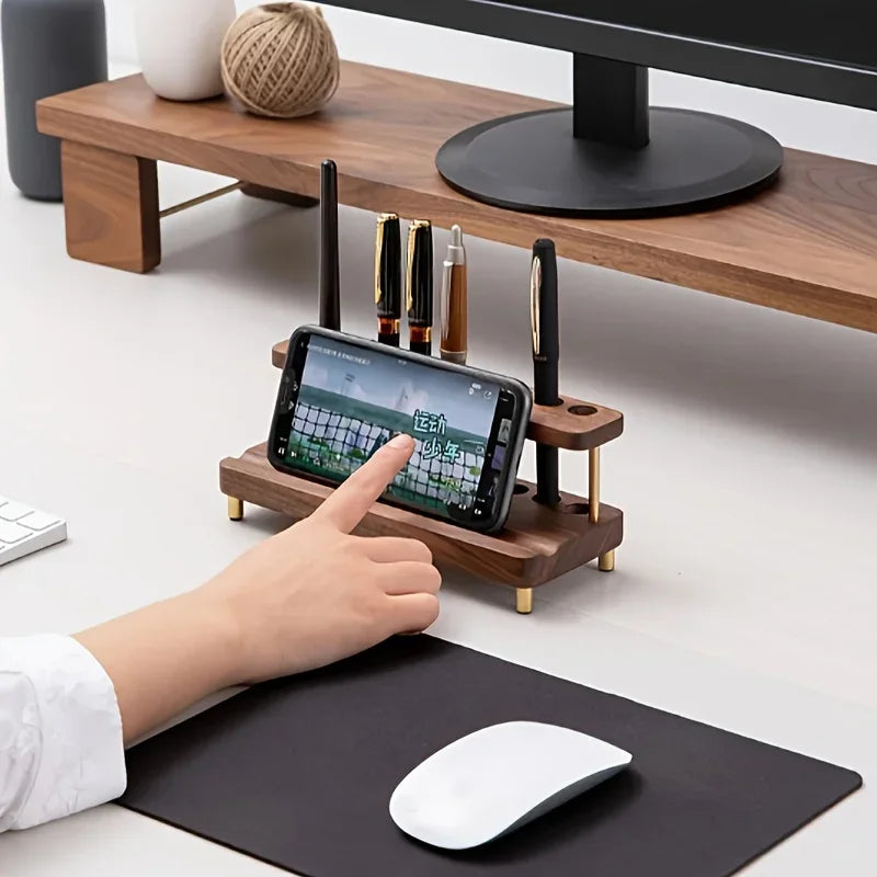 PrimeWood Slim - Minimalist Solid Wood Pen Holder & Smartphone Dock