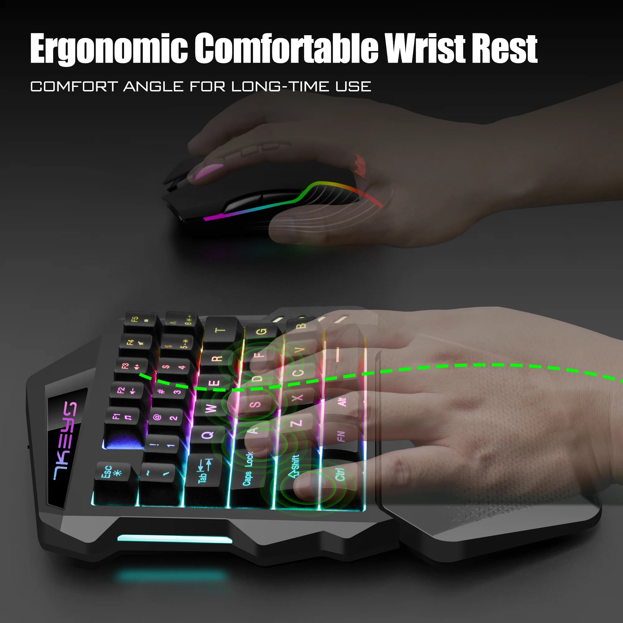 PrimeKey One - Wireless One-Handed RGB Gaming Keyboard with Ergonomic Wrist Rest