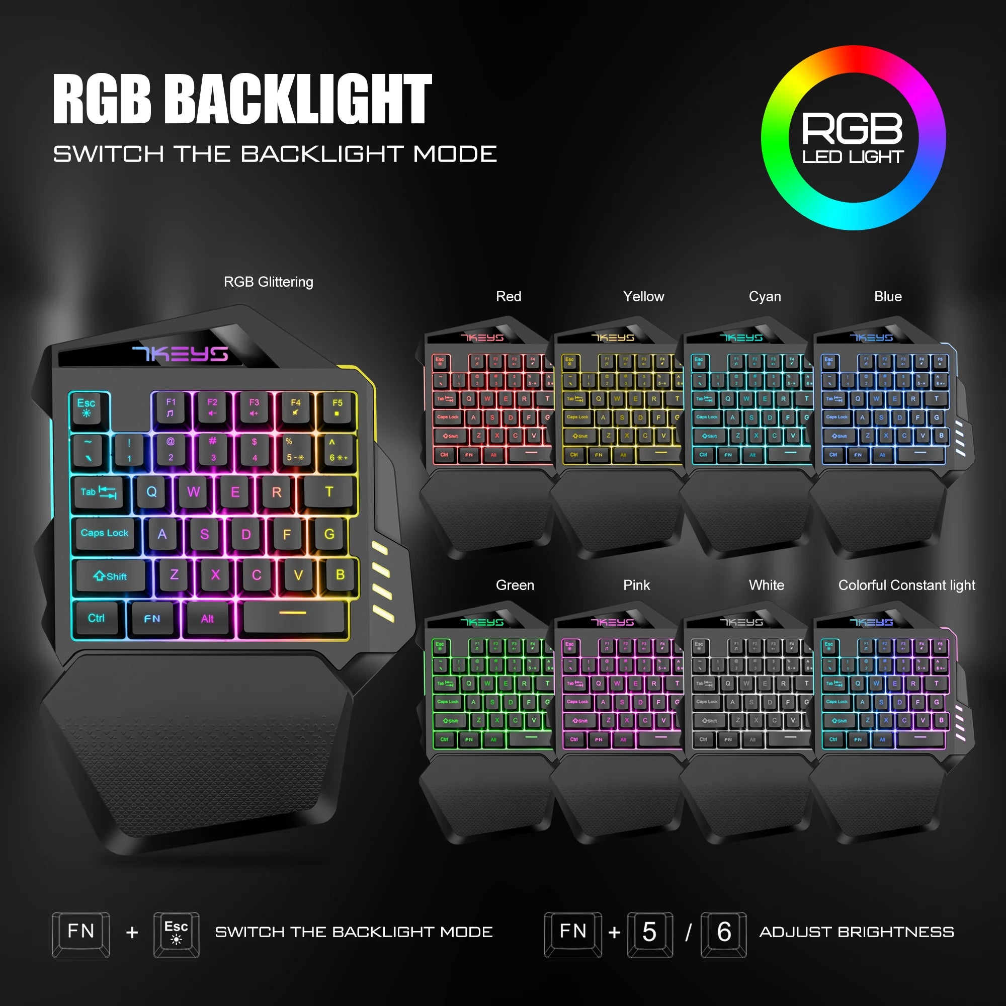 PrimeKey One - Wireless One-Handed RGB Gaming Keyboard with Ergonomic Wrist Rest